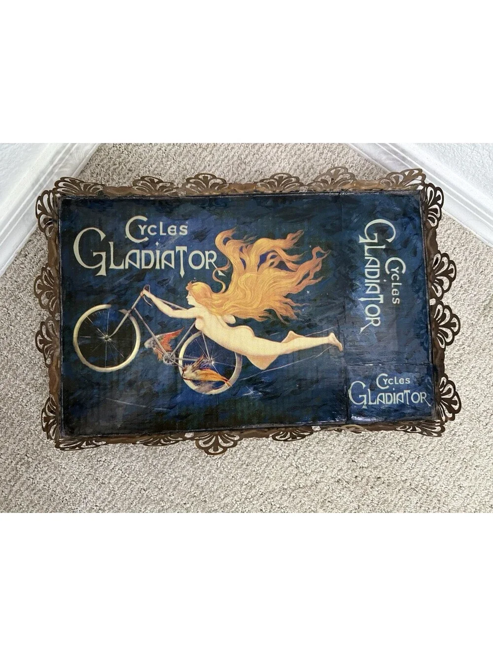 Vtg Style Cycles Gladiator Art Nouveau Bicycle Print Metal Vanity Tray
